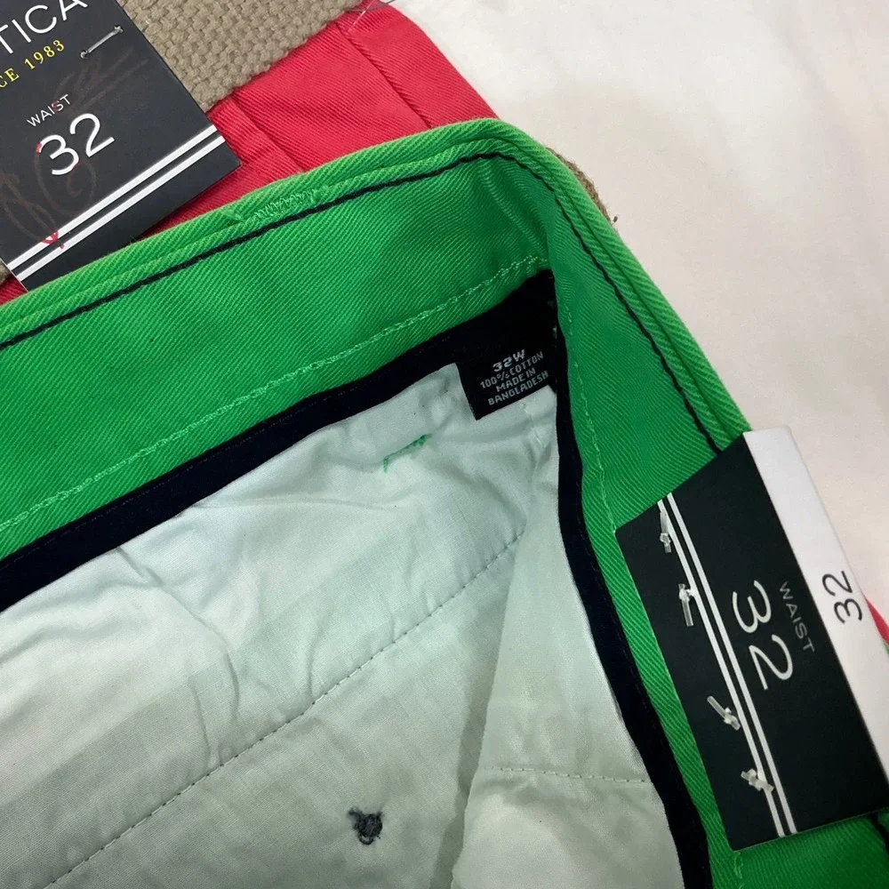 Nautica Mens 32 Chino Shorts 2 Pack Red Green Belted Flat Front BC6102 NEW